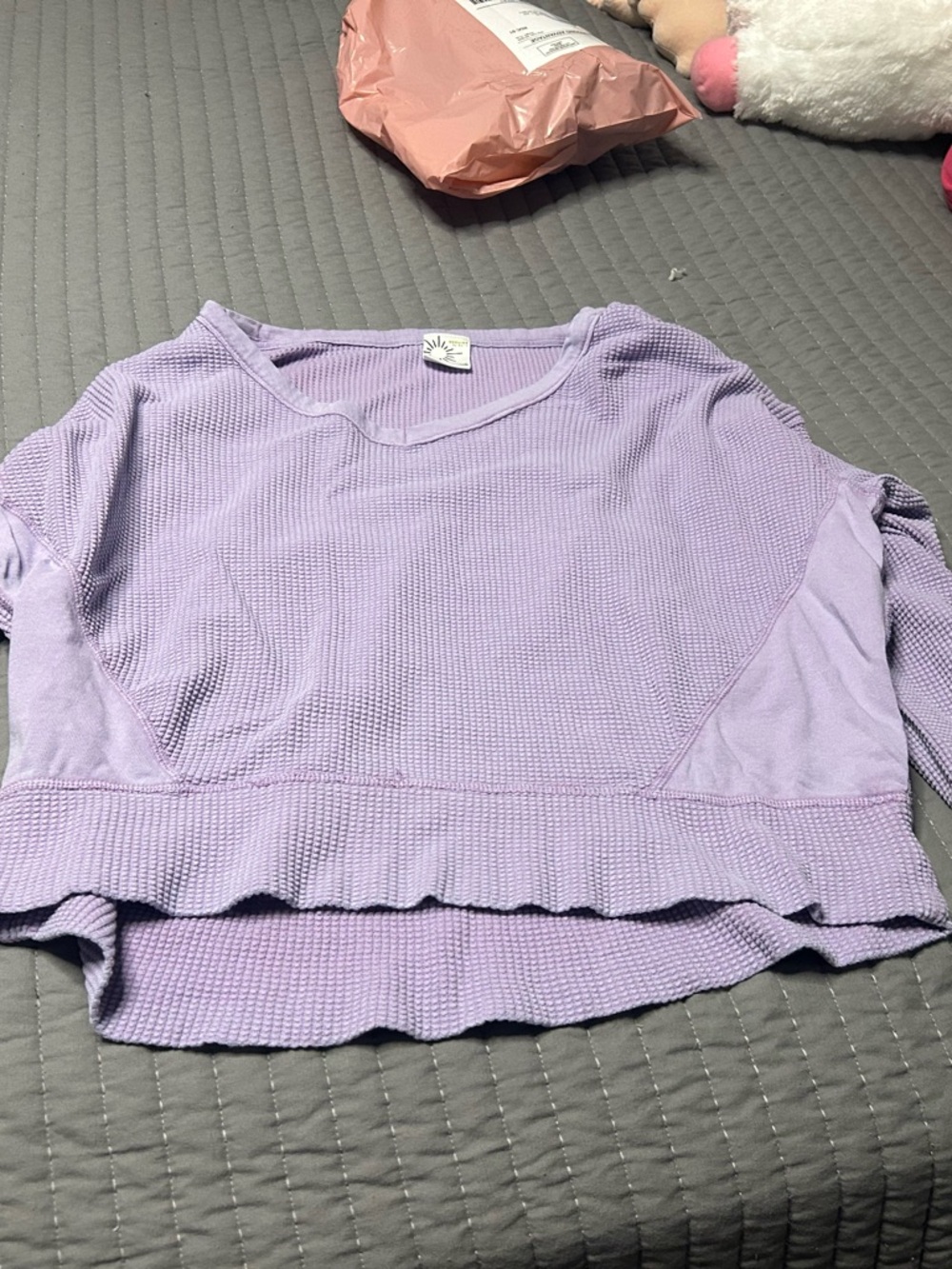aerie Lilac Waffle-Knit Cropped Long Sleeve Top